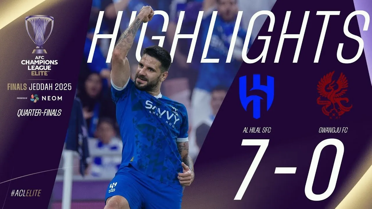 26 เมษายน 2568 ไฮไลท์ฟุตบอล เอเอฟซี แชมเปี้ยนส์ ลีก อีลิท รอบ8ทีมสุดท้าย อัล ฮิลาล ถล่ม กวางจู เอฟซี 7-0 พร้อมซัดกระจุย 26/04/2568